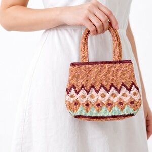 MOYNA Beaded Mini Top Handle Bag Copper Burgundy Mint Zigzag 6x4